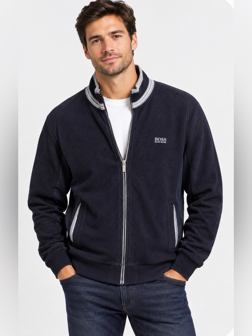 Hugo Boss black Full-Zip Knit Jacket with Contrast Trim